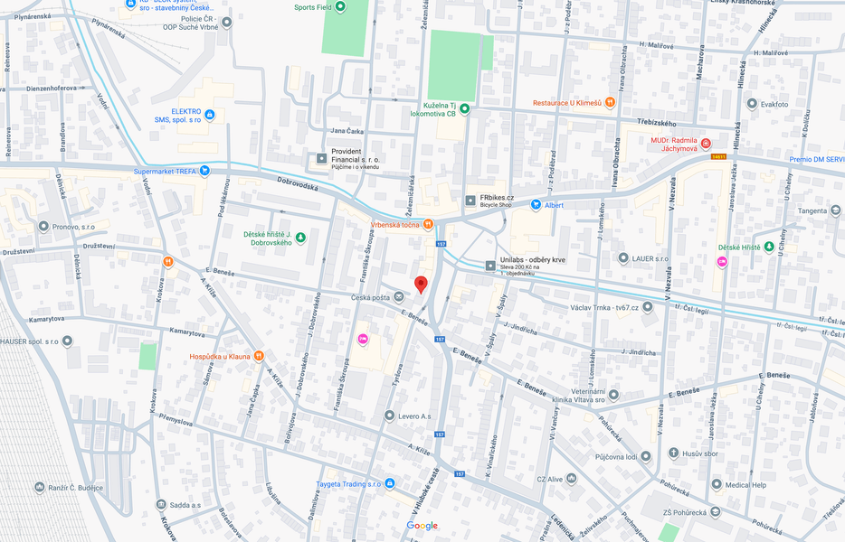 Mapa ukazující umístění stavby V Suchu v Ledenické ulici, České Budějovice
