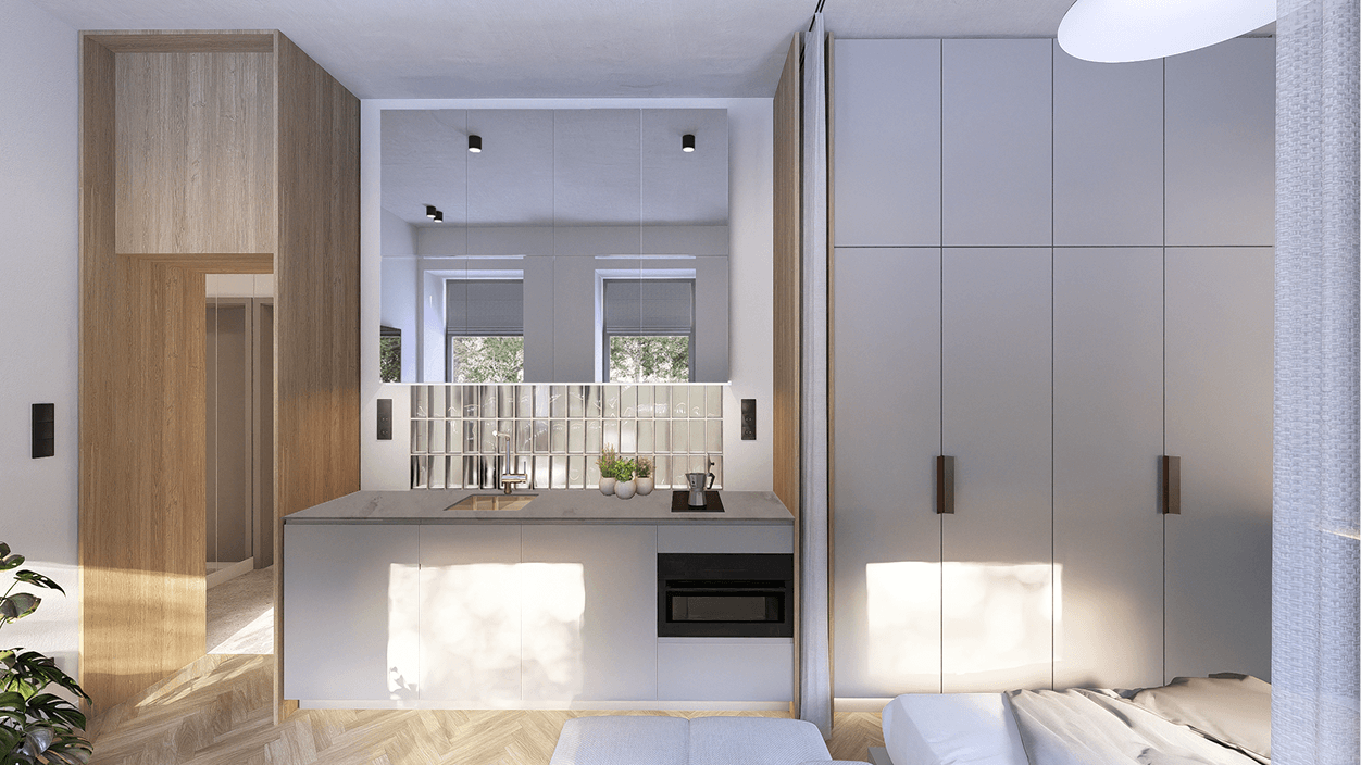 Moderní interiér mikrobytu s minimalistickým designem